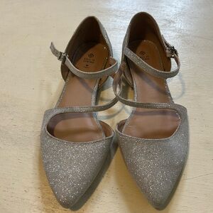 Call It Spring Silver Glitter Pointed-Toe Ankle-Strap Flats